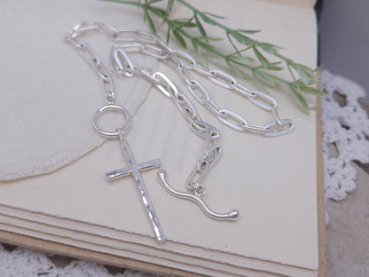 Sterling Silver Large Cross Front Clasp Necklace