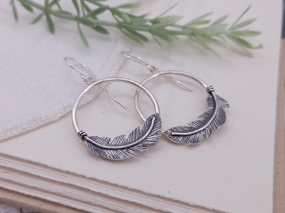 Sterling Silver Feather Hoop Earrings