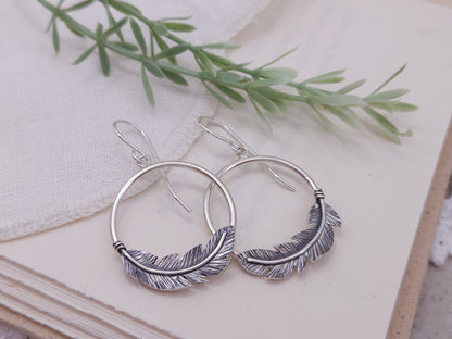 Sterling Silver Feather Hoop Earrings