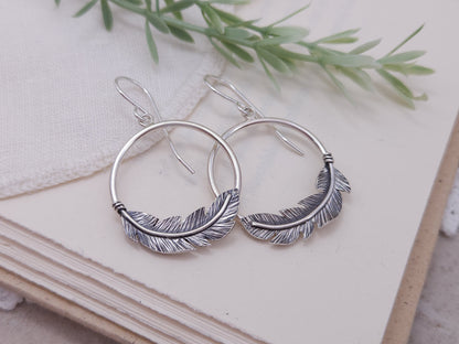 Sterling Silver Feather Hoop Earrings
