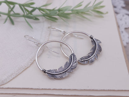 Sterling Silver Feather Hoop Earrings