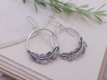 Sterling Silver Feather Hoop Earrings