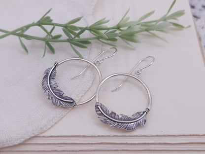 Sterling Silver Feather Hoop Earrings