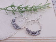 Load image into Gallery viewer, Sterling Silver Feather Hoop Earrings
