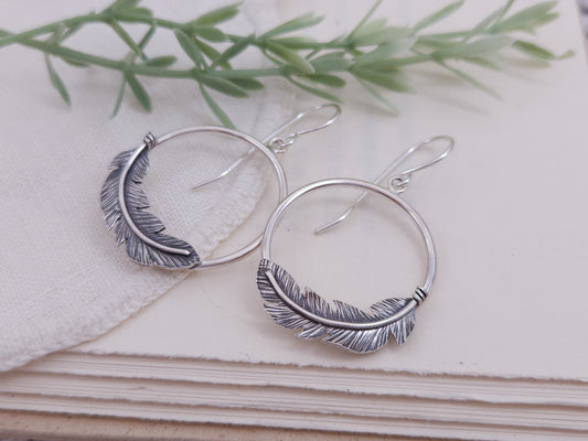 Sterling Silver Feather Hoop Earrings