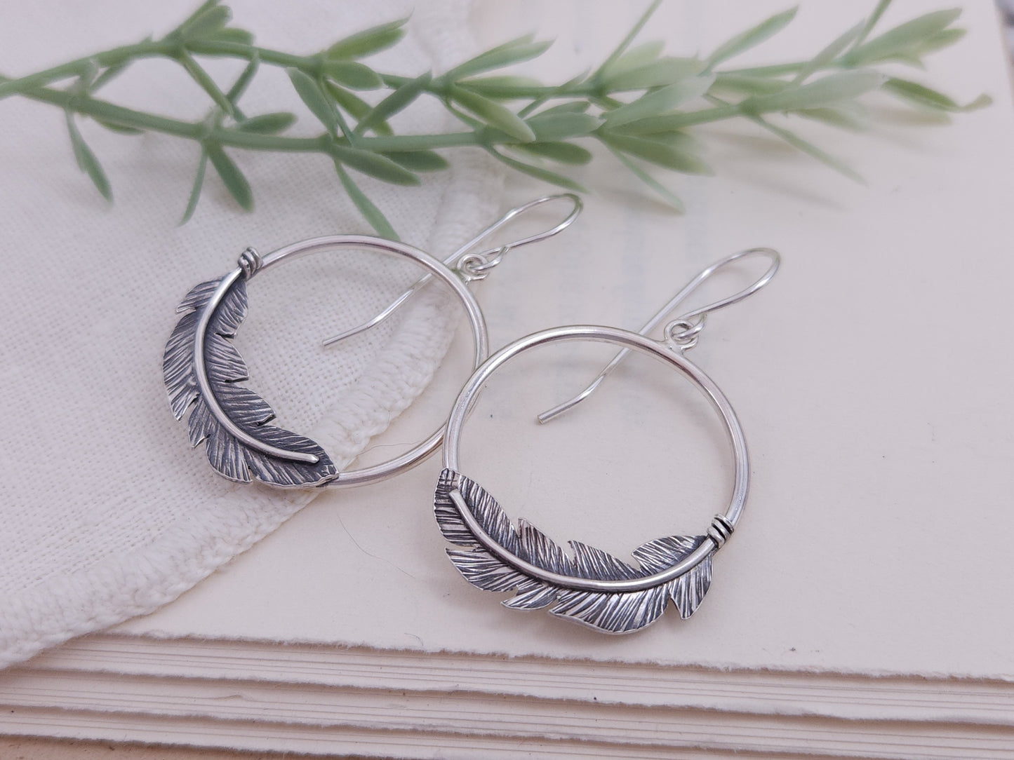 Sterling Silver Feather Hoop Earrings