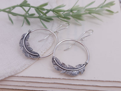 Sterling Silver Feather Hoop Earrings