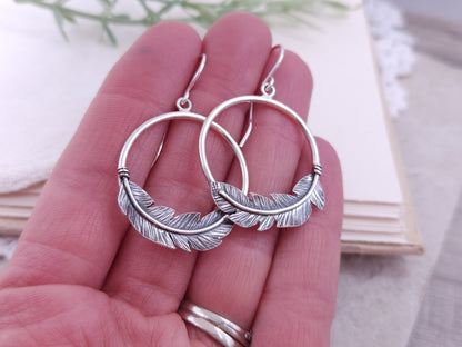 Sterling Silver Feather Hoop Earrings
