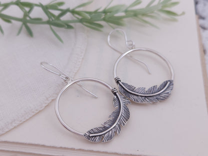 Sterling Silver Feather Hoop Earrings