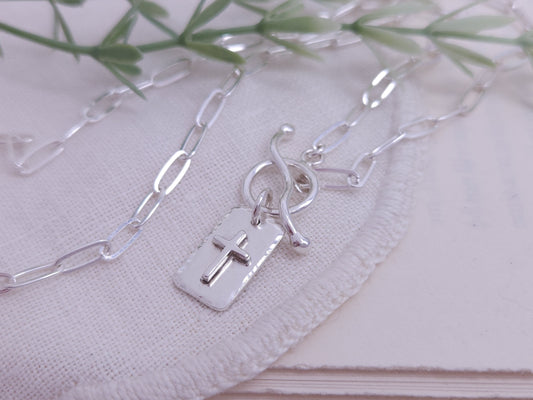 Sterling Silver Front Clasp Cross Tag Necklace