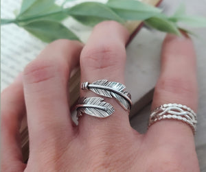 Sterling Feather Ring / Adjustable  / Bypass Ring /