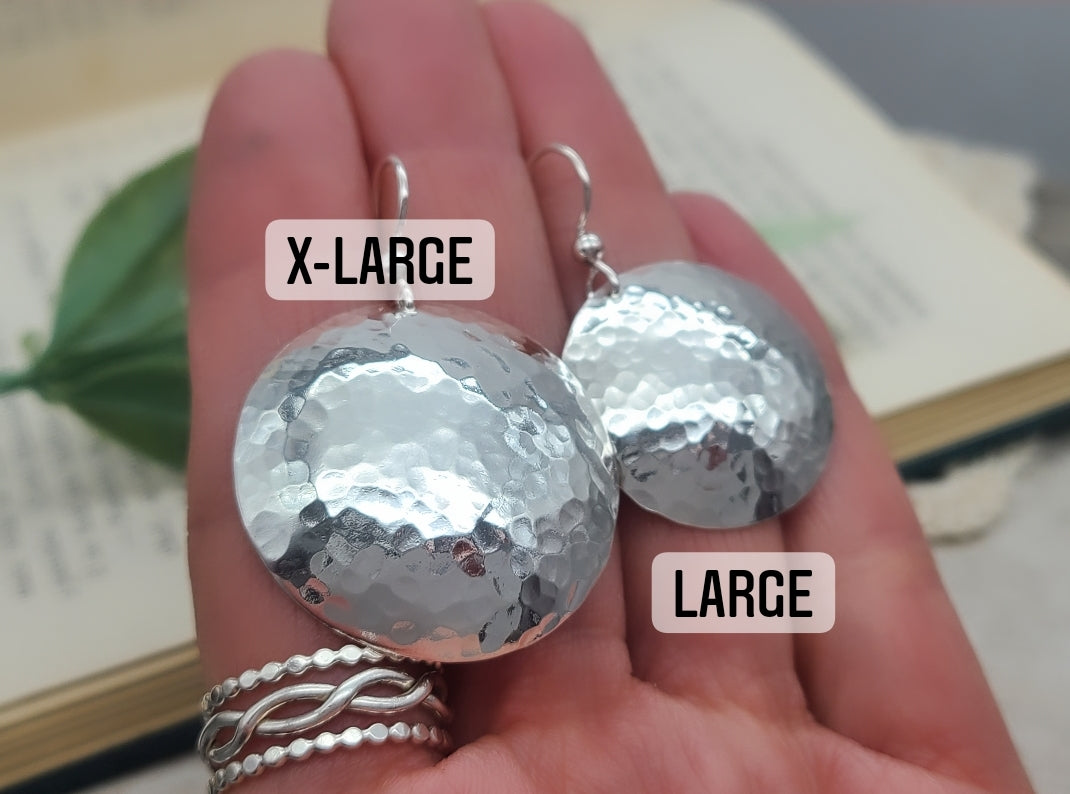 Large Sterling Hammered Round Domed Disc Earrings / 1" Disc  / Large Disc Earrings