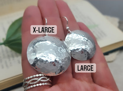 Large Sterling Hammered Round Domed Disc Earrings / 1" Disc  / Large Disc Earrings