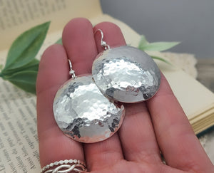 Large Sterling Hammered Round Domed Disc Earrings / 1" Disc  / Large Disc Earrings