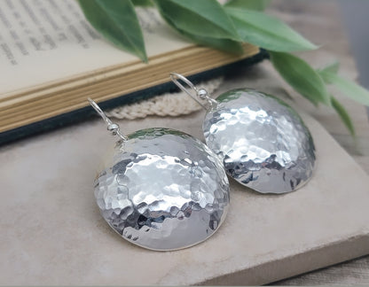 Large Sterling Hammered Round Domed Disc Earrings / 1" Disc  / Large Disc Earrings