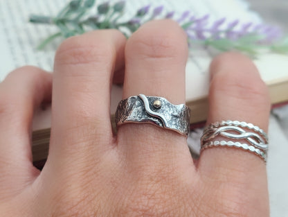 Sterling Silver & Solid Gold Luna Fire Ring / One of a Kind / Solitaire / SIZE 8