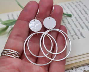 Sterling Hammered Disc Double Hoop Earrings