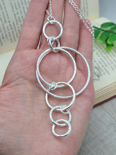 Long Sterling Silver Circle Ring Necklace / Multi Circle Pendant Necklace / Layering Necklace