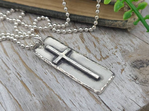 MENS Sterling Silver Cross  Necklace / Rugged Cross / Faith  / Dog Tag