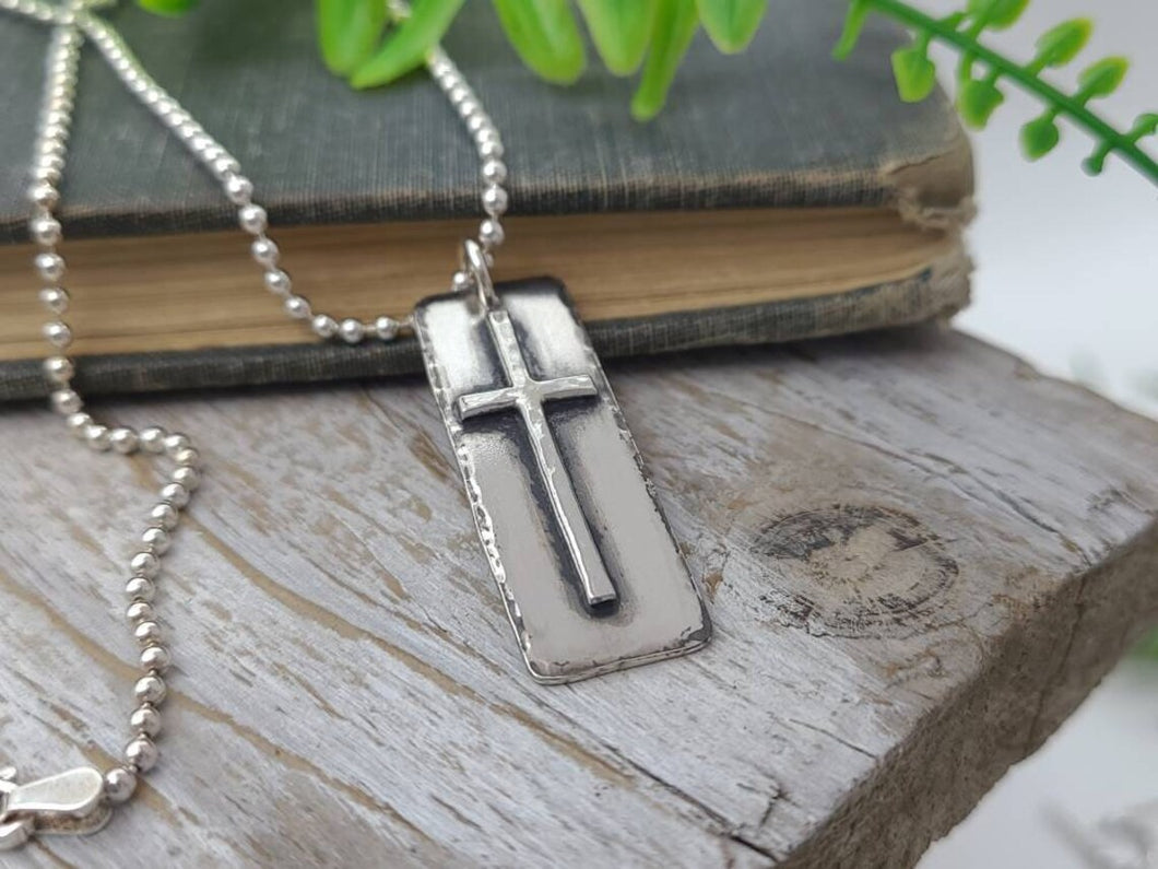 MENS Sterling Silver Cross Necklace Rugged Cross Faith Dog Tag