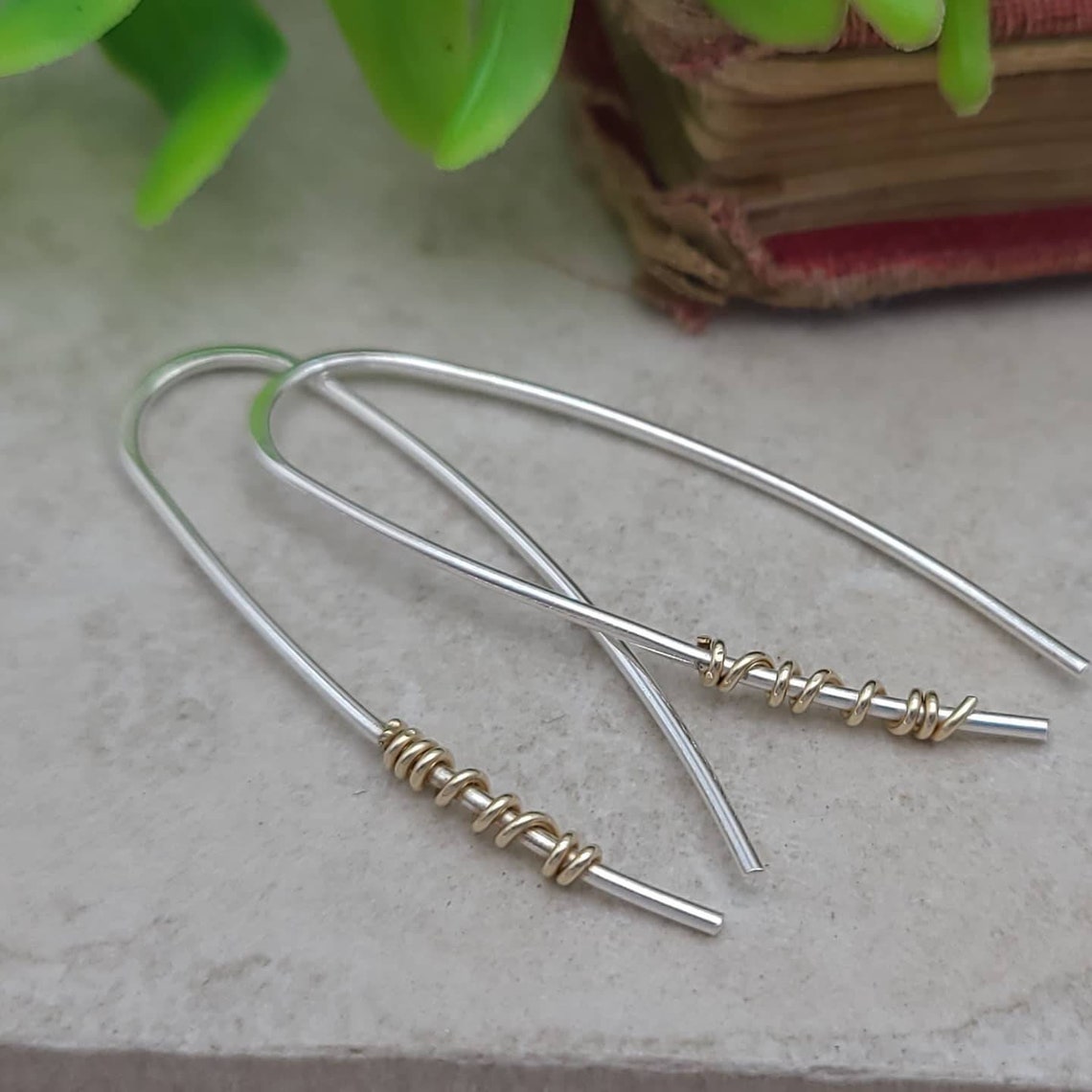 Sterling Silver Gold Wrapped Threader Earrings / Threaders / Thin Earrings