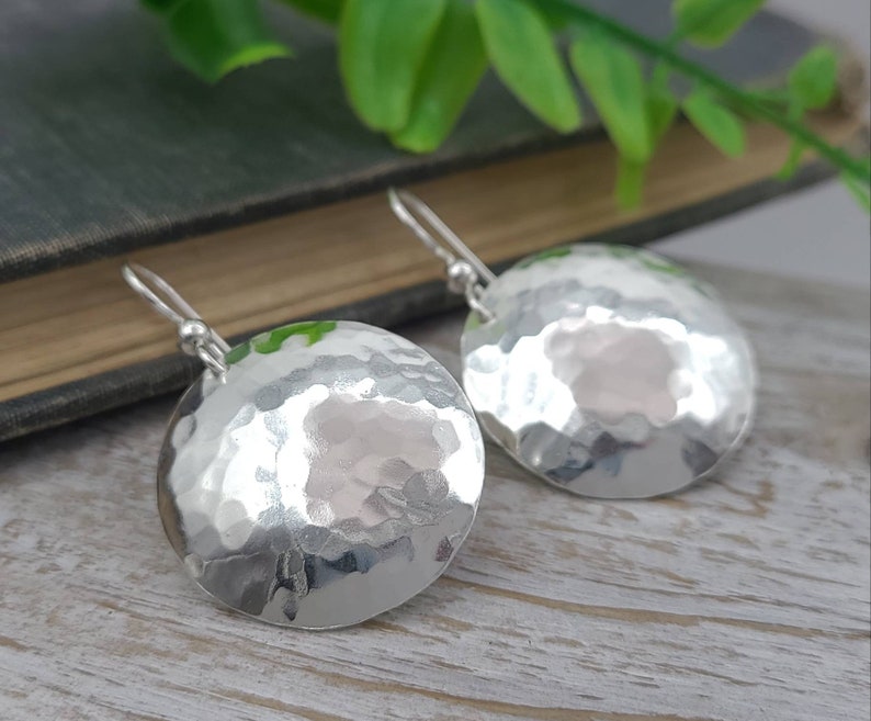 Large Sterling Hammered Round Domed Disc Earrings / 1" Disc  / Large Disc Earrings
