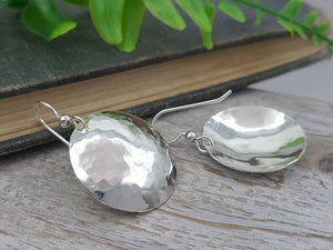 Large Sterling Hammered Round Domed Disc Earrings / 1" Disc  / Large Disc Earrings