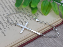 Load image into Gallery viewer, Sterling Hammered Sideways Cross Bracelet / Faith Bracelet / Sideways Cross / Inspirational Jewelry / Adjustable Bracelet
