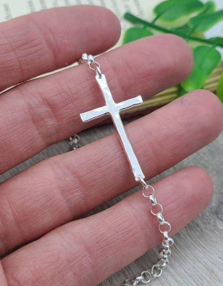 Sterling Hammered Sideways Cross Bracelet
