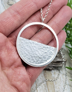 Long Sterling Circle Hammered Disc Necklace / Half Moon / Geometric / Large Disc