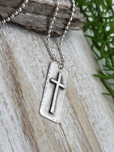 MENS Sterling Silver Cross  Necklace / Rugged Cross / Faith  / Dog Tag