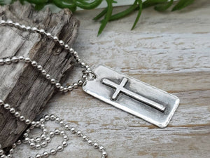 MENS Sterling Silver Cross  Necklace / Rugged Cross / Faith  / Dog Tag