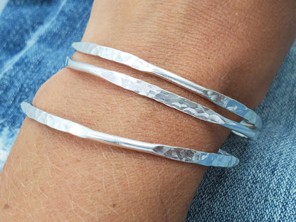Sterling Silver Hammered and Smooth Bangle Bracelet Set / Set of 3