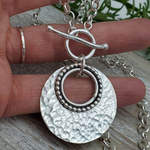 Large Sterling Silver Ornate Disc Necklace / Hammered Disc Necklace / Front Clasp Necklace / Silver Disc Necklace