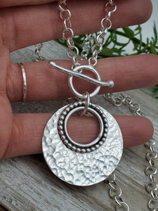 Large Sterling Silver Ornate Disc Necklace / Hammered Disc Necklace / Front Clasp Necklace / Silver Disc Necklace