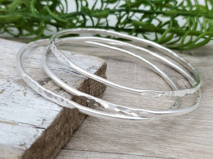 Sterling Silver Hammered and Smooth Bangle Bracelet Set / Set of 3