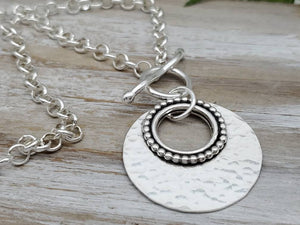 Large Sterling Silver Ornate Disc Necklace / Hammered Disc Necklace / Front Clasp Necklace / Silver Disc Necklace