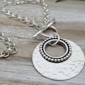 Large Sterling Silver Ornate Disc Necklace / Hammered Disc Necklace / Front Clasp Necklace / Silver Disc Necklace