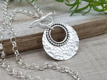 Load image into Gallery viewer, Large Sterling Silver Ornate Disc Necklace / Hammered Disc Necklace / Front Clasp Necklace / Silver Disc Necklace
