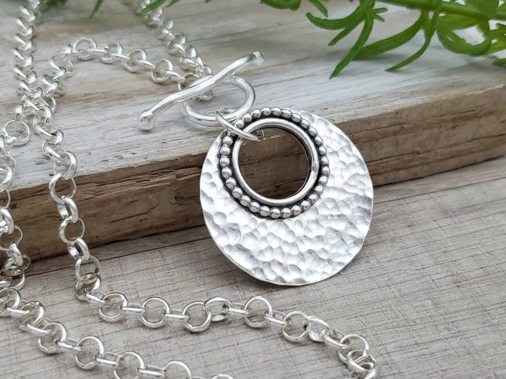 Large Sterling Silver Ornate Disc Necklace / Hammered Disc Necklace / Front Clasp Necklace / Silver Disc Necklace