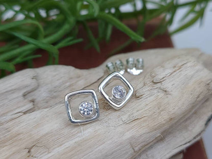 Small Sterling Square and Swarovski Crystal Stud Earrings / Post Earrings