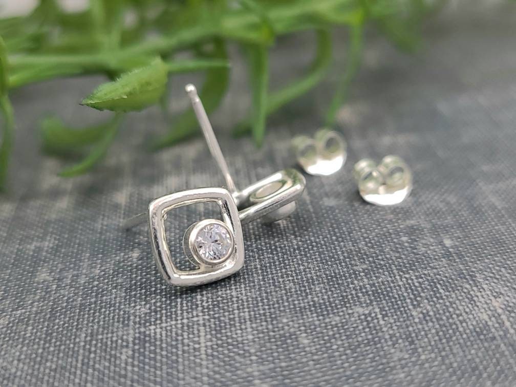 Small Sterling Square and Swarovski Crystal Stud Earrings / Post Earrings