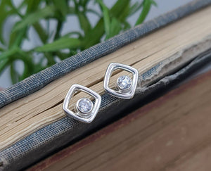 Small Sterling Square and Swarovski Crystal Stud Earrings / Post Earrings