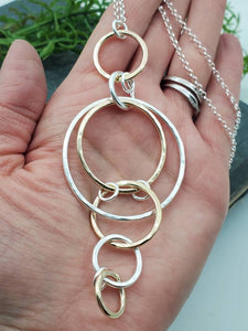 Long Silver & Gold Circle Ring Necklace /  Long Necklace / Two-tone Necklace / Layering Necklace
