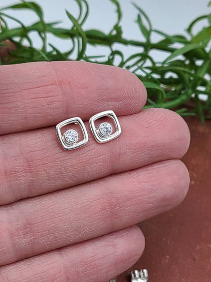 Small Sterling Square and Swarovski Crystal Stud Earrings / Post Earrings