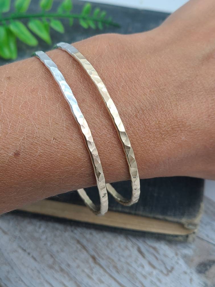 Sterling Silver & Gold Hammered Bangle / Mix Metal / Two Tone