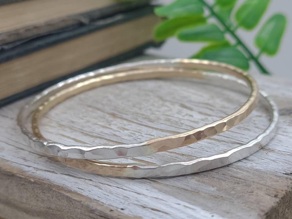 Sterling Silver & Gold Hammered Bangle / Mix Metal / Two Tone