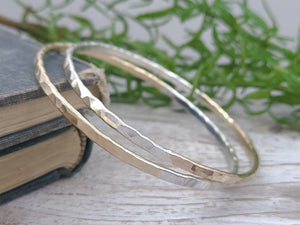 Sterling Silver & Gold Hammered Bangle / Mix Metal / Two Tone