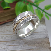 Load image into Gallery viewer, Sterling Silver and Gold Beaded Spinner Ring / Fidget Ring / Meditation Ring / Wide Band Ring

