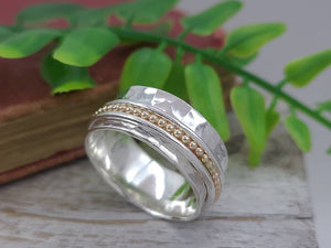 Sterling Silver and Gold Beaded Spinner Ring / Fidget Ring / Meditation Ring / Wide Band Ring
